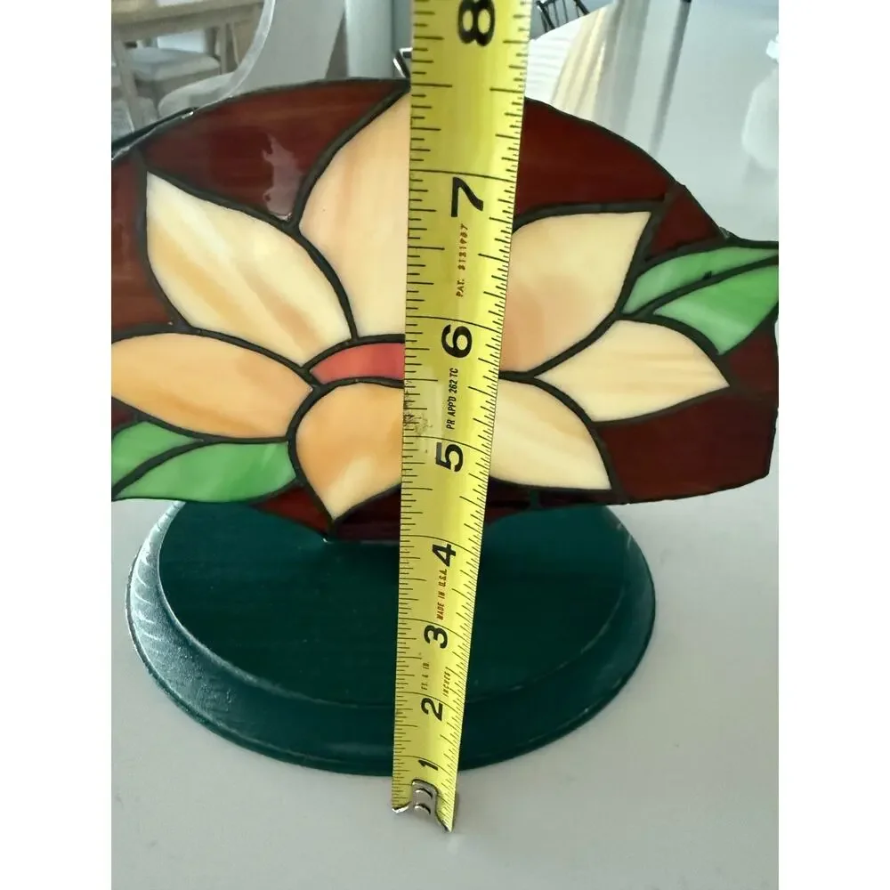 Vintage Stained Glass Flower Panel Wood Stand Tiffany Style Floral Decor